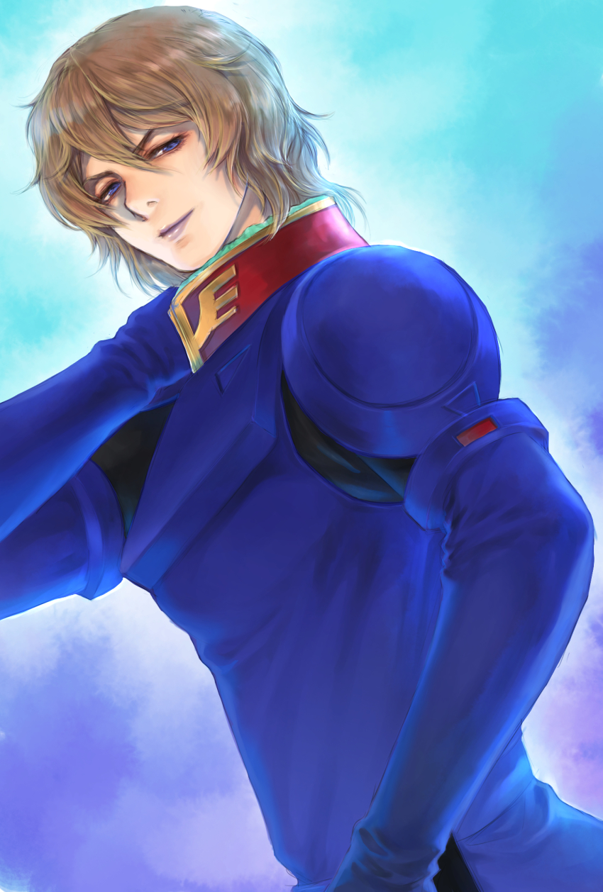 1girl, blue_eyes, brown_hair, char's_counterattack, eyeshadow, gundam, highres, lipstick