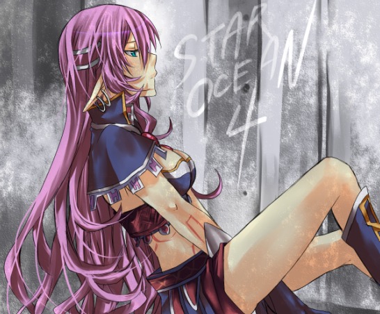 1girl, breasts, cleavage, earrings, elf, female_focus, green_eyes, jewelry, large_breasts, long_hair, midriff, myuria_tionysus, naridon, navel, pink_hair, pointy_ears, reclining, solo, star_ocean, star_ocean:_the_last_hope, tattoo