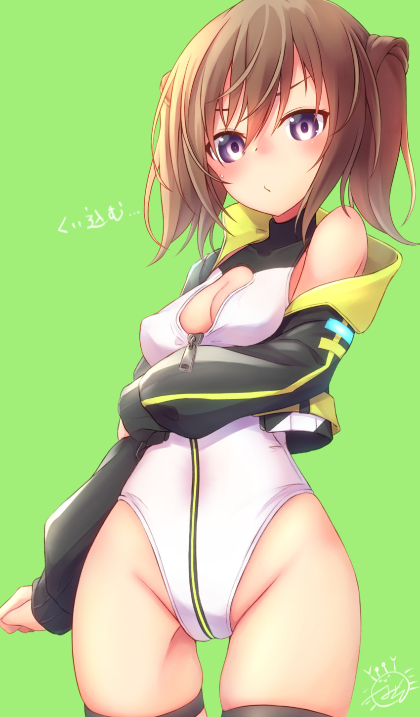 1girl, absurdres, alice_gear_aegis, black_jacket, breasts, brown_hair, cleavage, cleavage_cutout, clothing_cutout, cowboy_shot, green_background, heattech_leotard, highleg, highleg_leotard, highres, jacket, kanimiso_(juutilainen77), kimikage_yui, leotard, looking_at_viewer, purple_eyes, small_breasts, solo, turtleneck, twintails, white_leotard, zipper, zipper_leotard