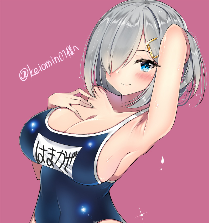 1girl, armpits, blue_eyes, breasts, cleavage, commentary_request, hair_ornament, hair_over_one_eye