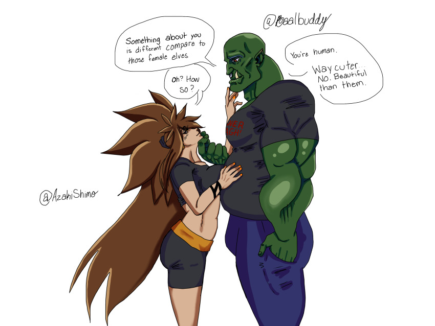 1boy, 1girl, absurdres, bald, bb_(baalbuddy), breasts, brown_hair, colored_skin, couple, first_meet, green_skin, hetero, highres, long_hair, medium_breasts, midriff, orc, orcs, red_eyes, very_long_hair, waaagh!