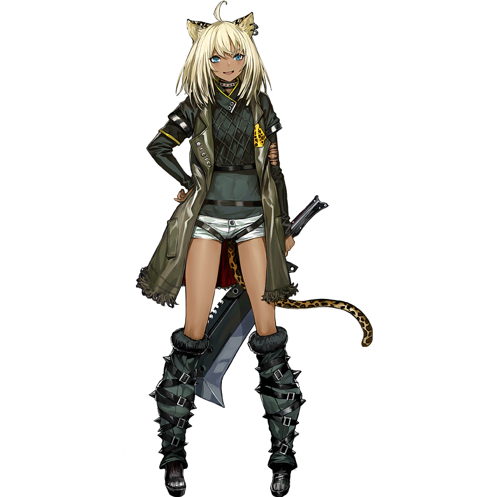 1girl, :d, ahoge, animal_ears, arknights, black_boots, blonde_hair, blue_eyes, boots, dark-skinned_female, dark_skin, full_body, grey_jacket, grey_shirt, hand_on_own_hip, holding, holding_sword, holding_weapon, infukun, jacket, knee_boots, left-handed, long_hair, long_sleeves, morgan_(arknights), official_art, open_clothes, open_jacket, open_mouth, shirt, short_shorts, shorts, smile, solo, standing, sword, tail, thighs, tiger_ears, tiger_tail, transparent_background, weapon, white_shorts