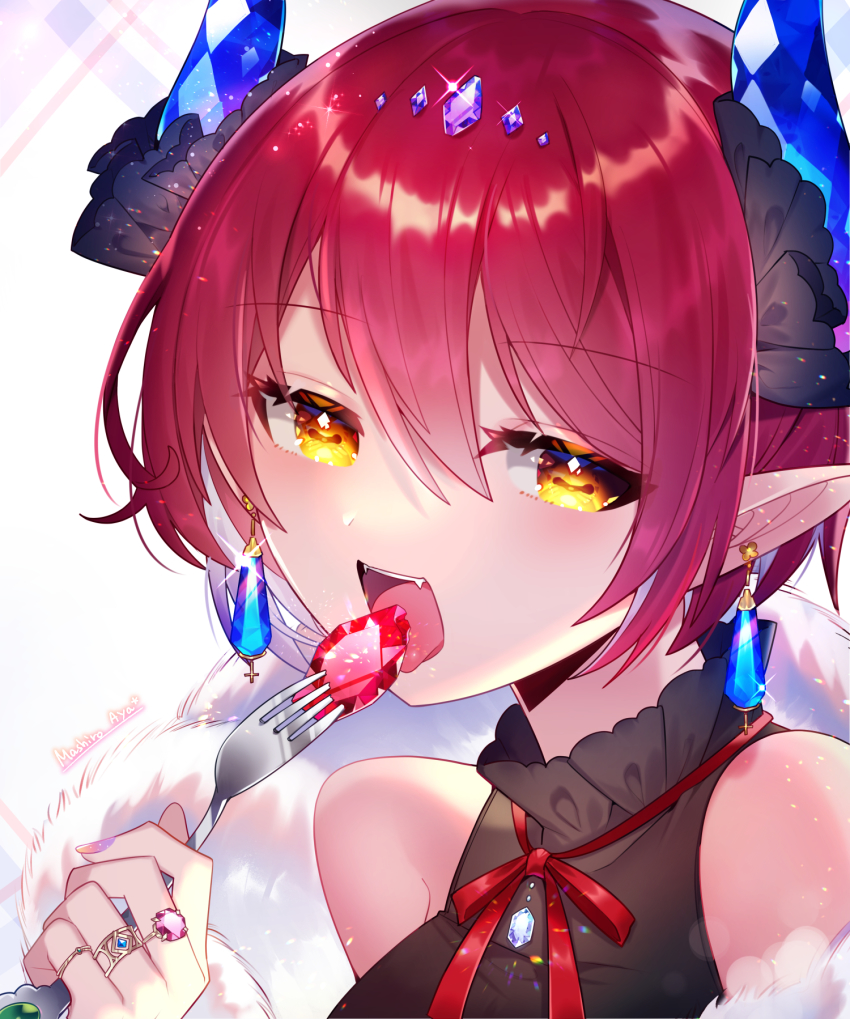 1girl, artist_name, aya_(aya_op10s), black_shirt, demon_girl, earrings, fangs, feather_boa, fork, gem, hair_between_eyes, highres, holding, holding_fork, horns, jewelry, looking_at_viewer, multiple_rings, neck_ribbon, open_mouth, original, pointy_ears, red_hair, red_neckwear, ribbon, ring, shirt, simple_background, sleeveless, sleeveless_shirt, white_background, yellow_eyes