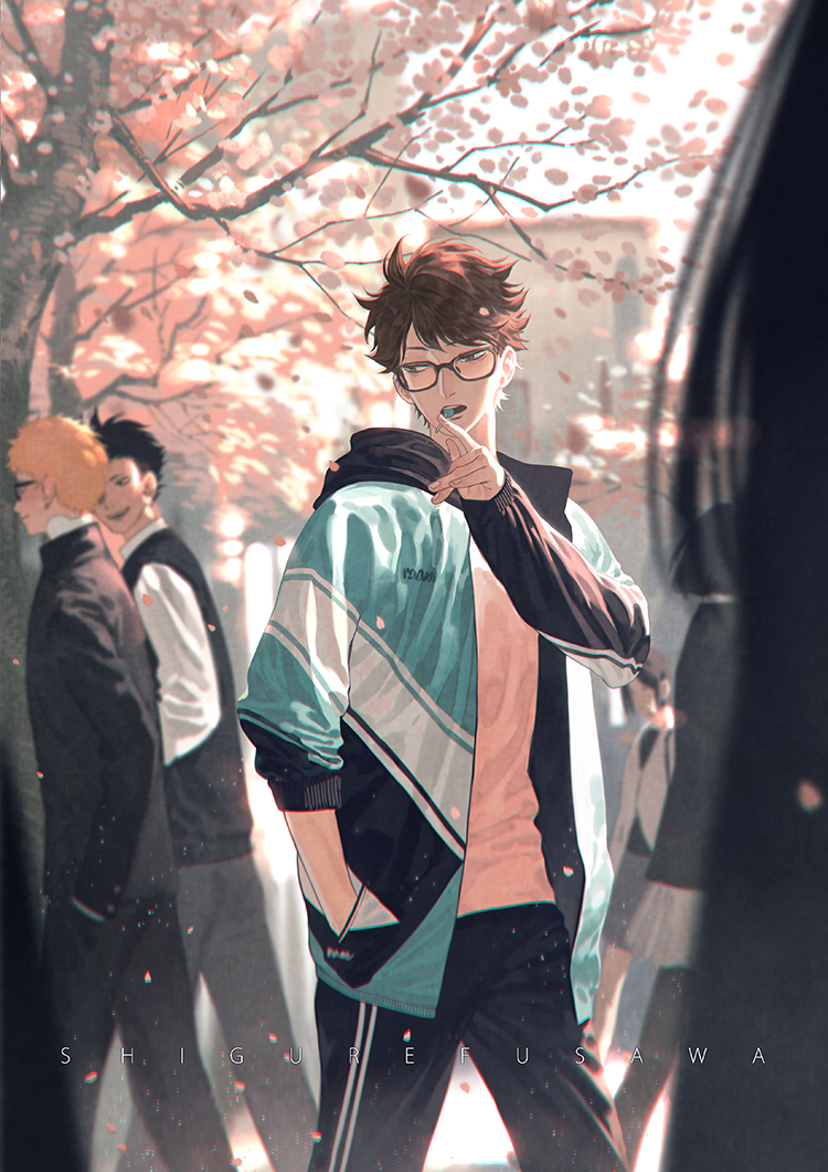 3boys, black_hair, blonde_hair, blurry, branch, brown_hair, candy, cherry_blossoms, day, food, glasses, haikyuu!!, hand_in_pocket, jacket, kuroo_tetsurou, lollipop, multiple_boys, oikawa_tooru_(haikyuu!!), open_clothes, open_jacket, outdoors, pants, petals, shigurefusawa, short_hair, solo_focus, standing, tree, tsukishima_kei, wind