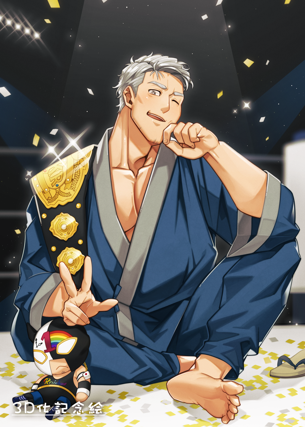 1boy, ;), barefoot, collarbone, confetti, facial_hair, grey_hair, hand_up