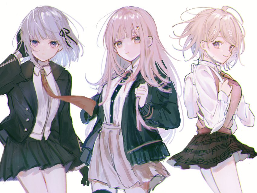 3girls, ahoge, akamatsu_kaede, alternate_hair_length, alternate_hairstyle, backpack, bag, black_gloves
