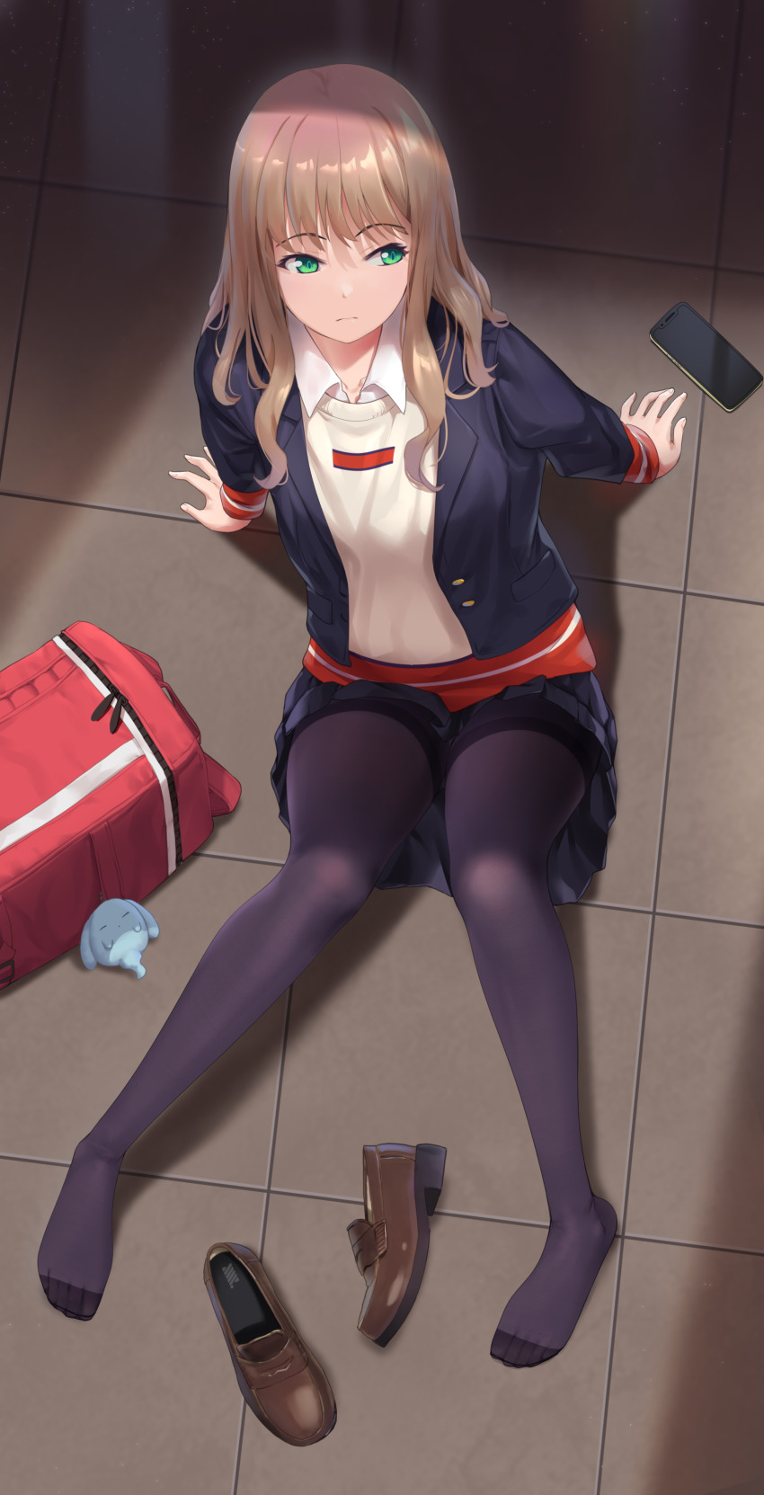 1girl, absurdres, bag, bag_charm, black_pantyhose, black_skirt, bookbag, cellphone