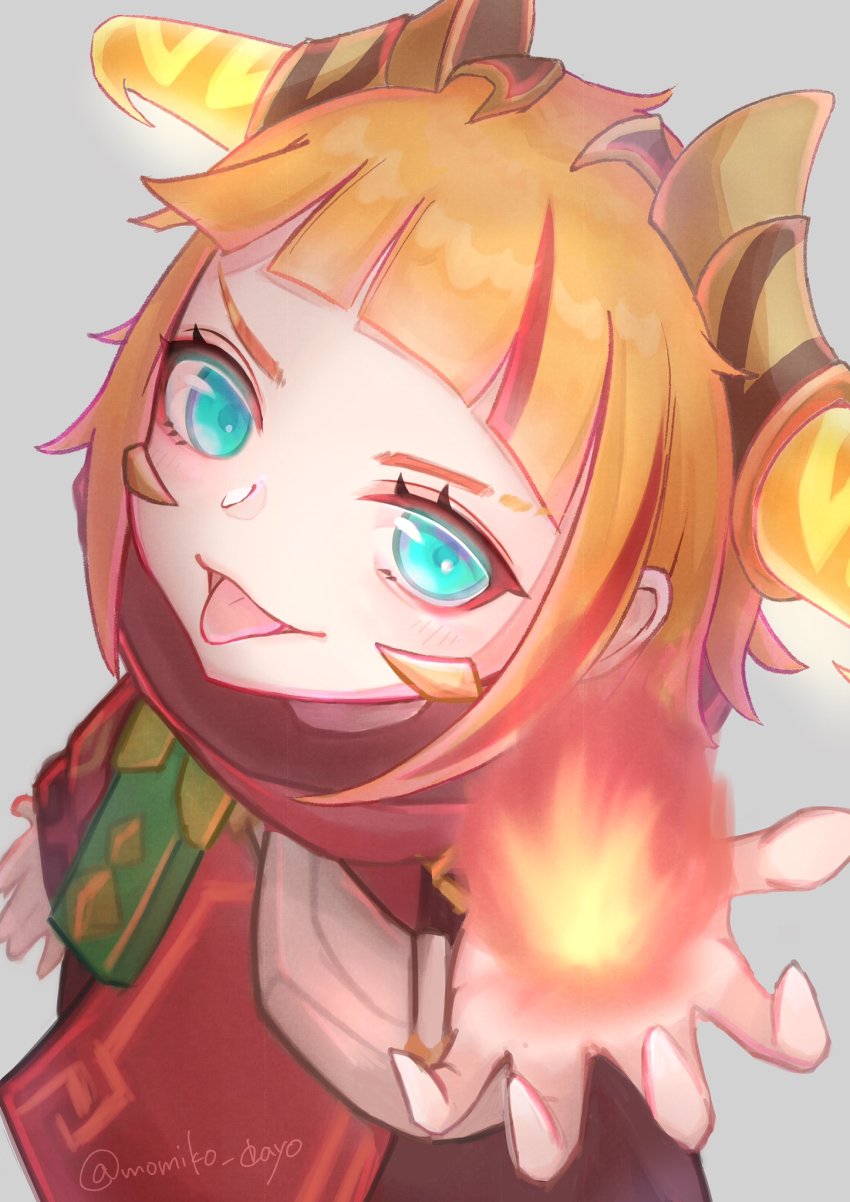 1girl, annie_(league_of_legends), aqua_eyes, blunt_bangs, blush, fire, grey_background, highres