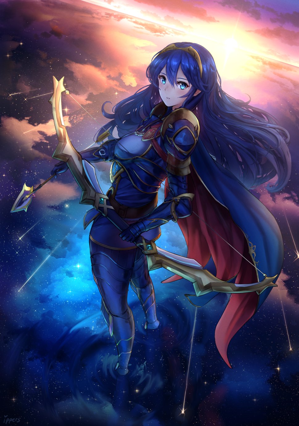 1girl, armor, arrow_(projectile), blue_armor, blue_cape, blue_eyes, blue_hair, bow_(weapon), cape, cloud, crown, fire_emblem, fire_emblem_awakening, highres, ippers, long_hair, looking_at_viewer, lucina_(fire_emblem), lucina_(glorious_archer)_(fire_emblem), nintendo, shooting_star, sky, star_(sky), starry_sky, sunrise, weapon