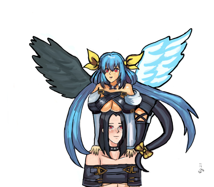 1boy, 1girl, black_hair, black_thighhighs, blue_hair, blush, boobs_on_head, breasts, dizzy_(guilty_gear), guilty_gear, guilty_gear_xx, highres, large_breasts, moontears, red_eyes, smile, tail, testament_(guilty_gear), thighhighs, wings