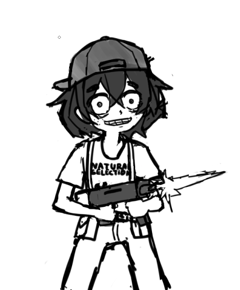 1girl, backwards_hat, baseball_cap, black_hair, sophie_(popopoka), cosplay, cursor, drawfag, english_text, eric_harris, eric_harris_(cosplay), evil_grin, evil_smile, firing, freckles, grin, gun, handgun, hat, holding, holding_weapon, lineart, medium_hair, monochrome, overalls, pants, sanpaku, shirt, short_sleeves, simple_background, smile, solo, submachine_gun, t-shirt, tec-9, teeth, thick_eyebrows, weapon, white_background