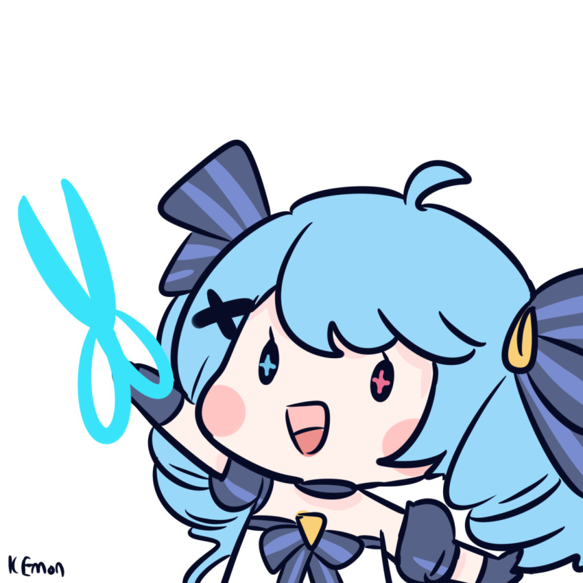 1girl, ahoge, arm_up, blue_eyes, blue_gloves, blue_hair, blush, blush_stickers, chibi, eyelashes, gloves, gwen_(league_of_legends), hair_ornament, heterochromia, highres, holding, holding_scissors, kemon, league_of_legends, light_blue_hair, long_hair, open_mouth, pink_eyes, scissors, signature, simple_background, solo, tongue, twintails, upper_body, white_background, x_hair_ornament