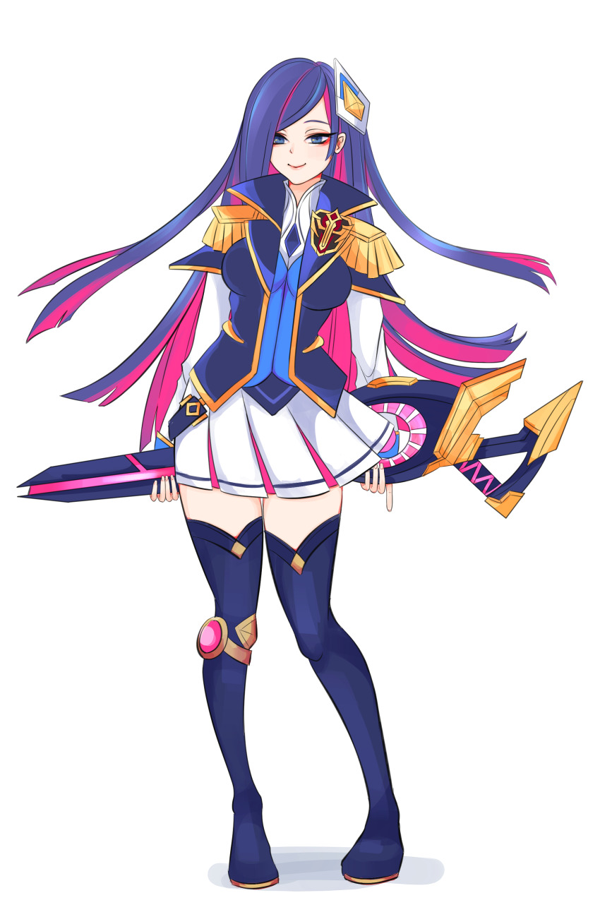 1girl, absurdres, badge, battle_academia_caitlyn, blue_boots, blue_eyes, blue_hair, boots