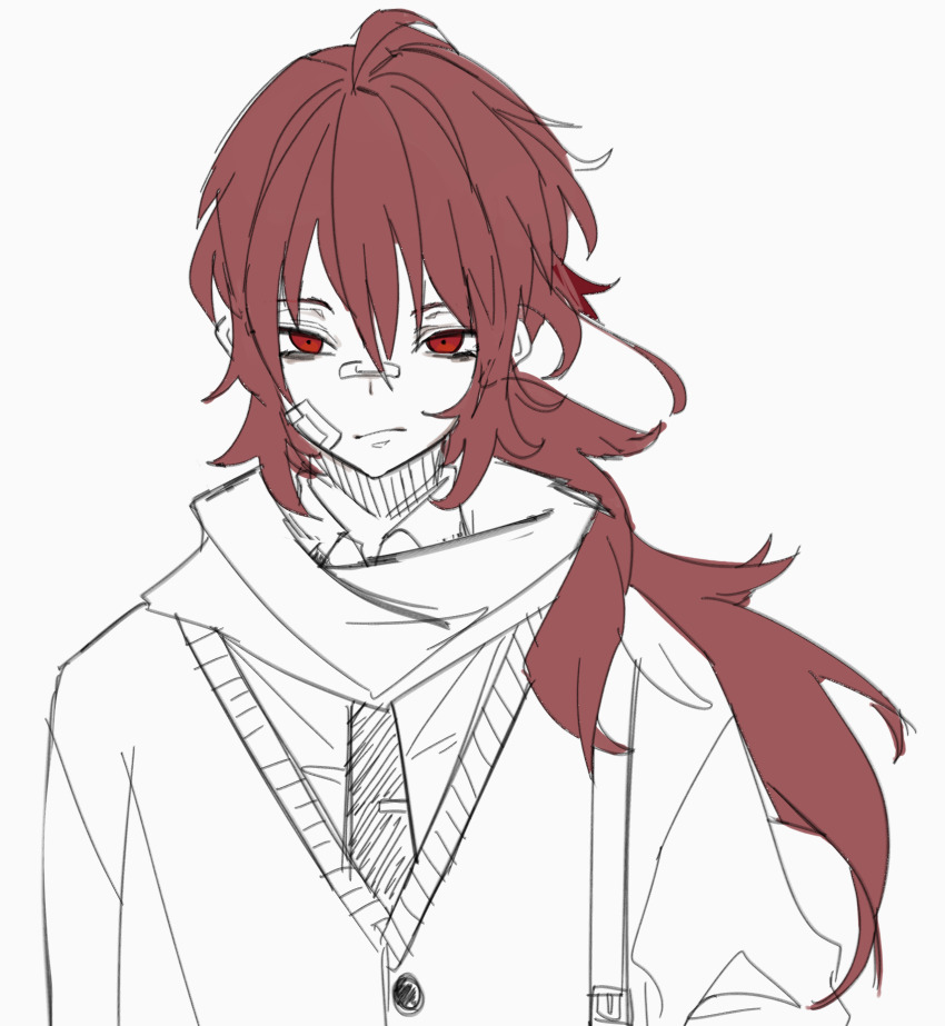 1boy, ahoge, alternate_costume, bandaid, bandaid_on_face, bandaid_on_nose, closed_mouth, diluc_(genshin_impact)