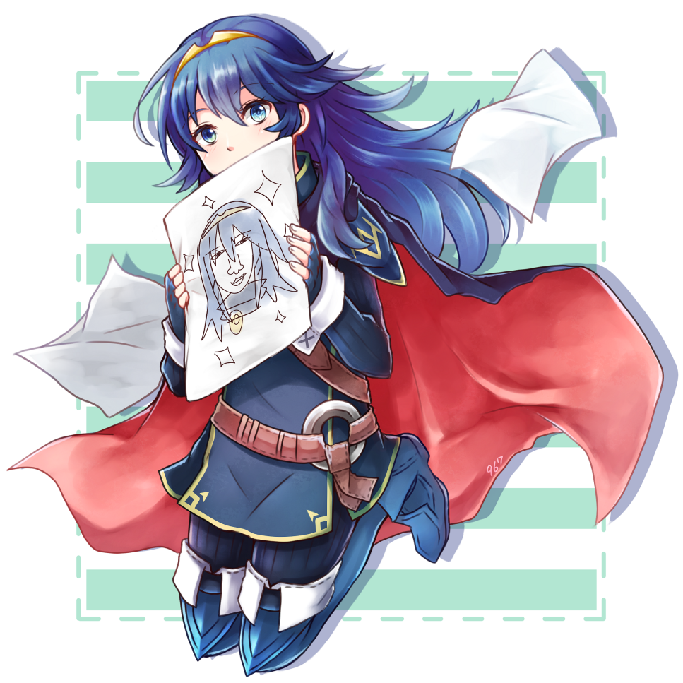1girl, artist_name, blue_eyes, blue_hair, blush, boots, border, cape, child's_drawing, drawing, dress, fingerless_gloves, fire_emblem, fire_emblem_awakening, gloves, holding, holding_paper, kurona_(nakoruch), lucina_(fire_emblem), nintendo, paper, short_dress, simple_background, solo, striped, thigh_boots, thighhighs, tiara, white_border
