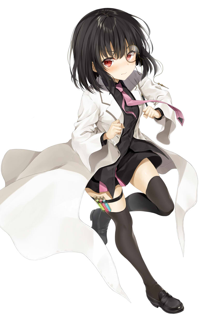 1girl, black_hair, black_lilith_(sentouin_hakenshimasu!), black_shirt, black_shoes, black_skirt, black_thighhighs, blush, clenched_hands, coat, collared_shirt, commentary_request, cover, cover_page, embarrassed, flask, glasses, highres, kakao_rantan, lab_coat, leg_up, loafers, long_coat, looking_at_viewer, medium_hair, miniskirt, multicolored_skirt, nose_blush, novel_cover, novel_illustration, official_art, pince-nez, pink_neckwear, pink_skirt, red_eyes, round-bottom_flask, running, sentouin_hakenshimasu!, shirt, shoes, simple_background, skirt, solo, striped_clothes, striped_skirt, test_tube, thigh_strap, thighhighs, v-shaped_eyebrows, vial, white_background, white_coat