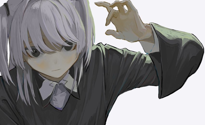 1girl, black_dress, black_eyes, character_request, close-up, collared_shirt, copyright_request, dress