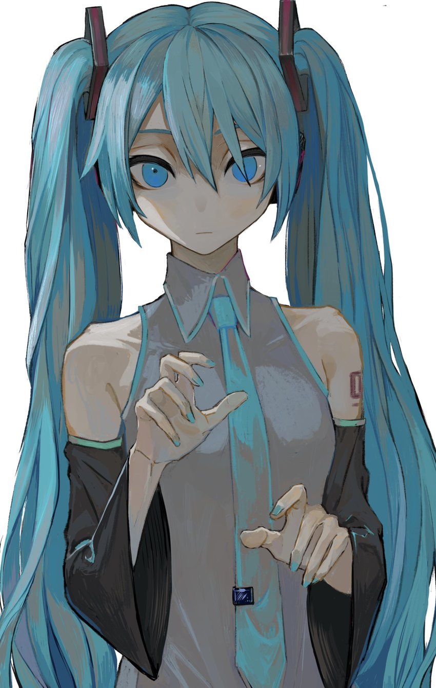 1girl, bare_shoulders, blue_eyes, blue_hair, blue_nails, blue_necktie, collared_shirt, detached_sleeves