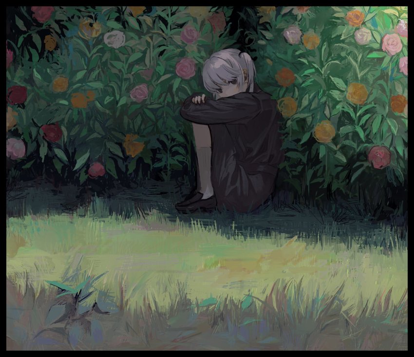 1girl, black_dress, black_eyes, black_footwear, bush, kneehighs, character_request, copyright_request