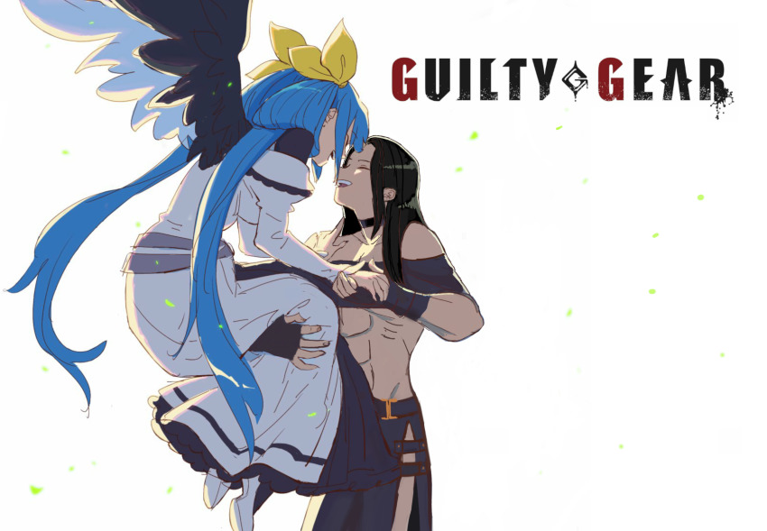 angel_wings, asymmetrical_wings, bad_id, blue_hair, closed_eyes, dizzy_(guilty_gear), dress, fingerless_gloves, gloves, guilty_gear, guilty_gear_xrd, highres, holding, long_dress, long_hair, moontears, smile, testament_(guilty_gear), third, third-party_edit, twintails, very_long_hair, white_background, white_dress, wings