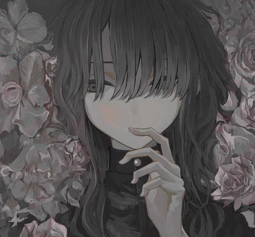 1girl, black_hair, black_shirt, brown_eyes, buttons, expressionless, flower, hair_over_eyes