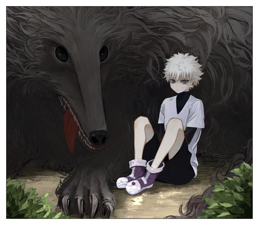 1boy, bare_legs, black_shirt, black_shorts, boots, claws, dog, expressionless, highres, hunter_x_hunter, killua_zoldyck, looking_at_viewer, male_focus, mike_(hunter_x_hunter), on_ground, outdoors, plant, purple_eyes, shirt, short_hair, short_sleeves, shorts, sitting, skkc_128, tongue, tongue_out, turtleneck, v-neck, white_hair, white_shirt