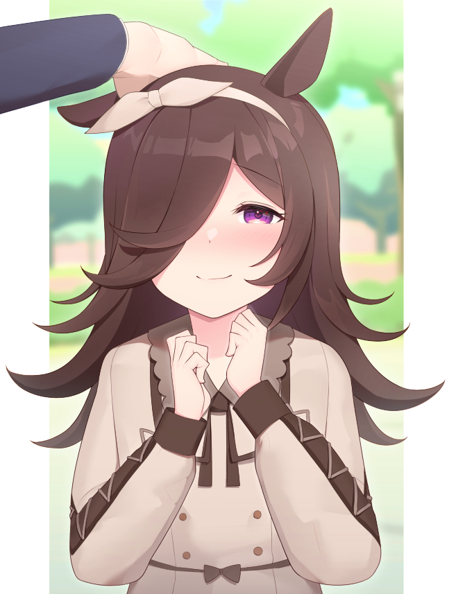 1boy, 1girl, animal_ears, arapi, blurry, blurry_background, blush, brown_dress