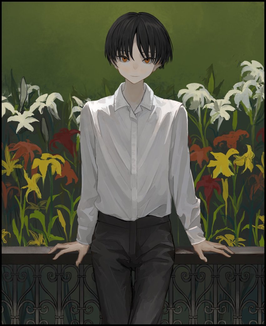 1girl, against_railing, black_hair, black_pants, collared_shirt, cowboy_shot, dress_shirt, flower