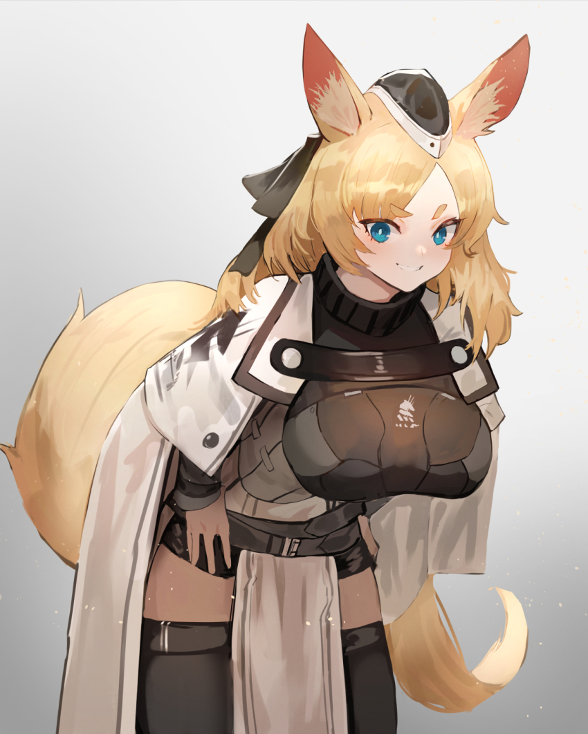 animal_ear_fluff, animal_ears, arknights, bannouyakunta, blonde_hair, blue_eyes, duplicate, hand_on_own_hip