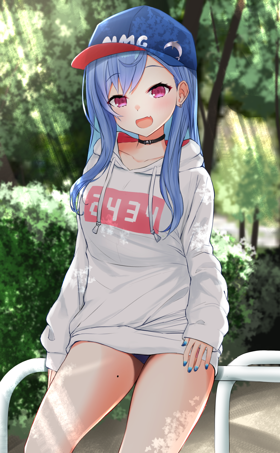 1girl, :d, baseball_cap, black_choker, blue_hair, blue_hat, blue_nails, blue_panties, choker, collarbone, day, dolphin_hat_ornament, drawstring, earrings, ex_idol, fang, hat, hat_ornament, highres, hood, hood_down, hoodie, jewelry, light_rays, long_hair, long_sleeves, looking_at_viewer, mole, mole_on_thigh, nail_polish, nijisanji, nishizono_chigusa, nishizono_chigusa_(2nd_costume), no_pants, open_mouth, outdoors, panties, pantyshot, pink_eyes, smile, solo, standing, sunbeam, sunlight, thighs, tree, underwear, virtual_youtuber, white_hoodie