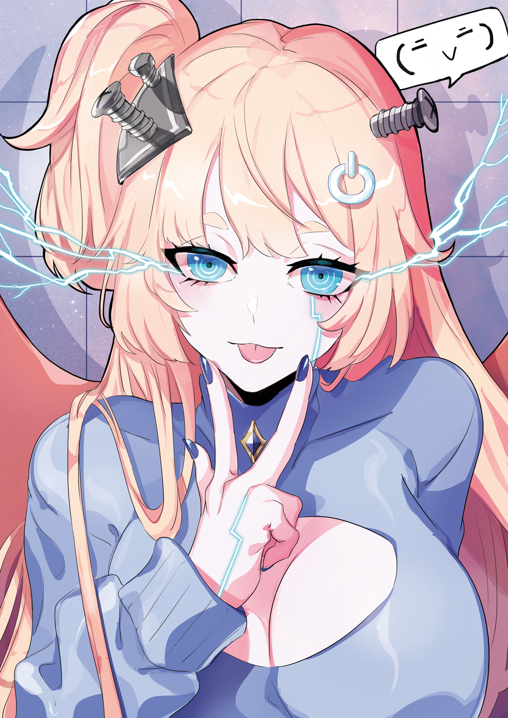 1girl, android, asymmetrical_hair, blue_eyes, bolt_(hardware), bra, bracelet, breasts