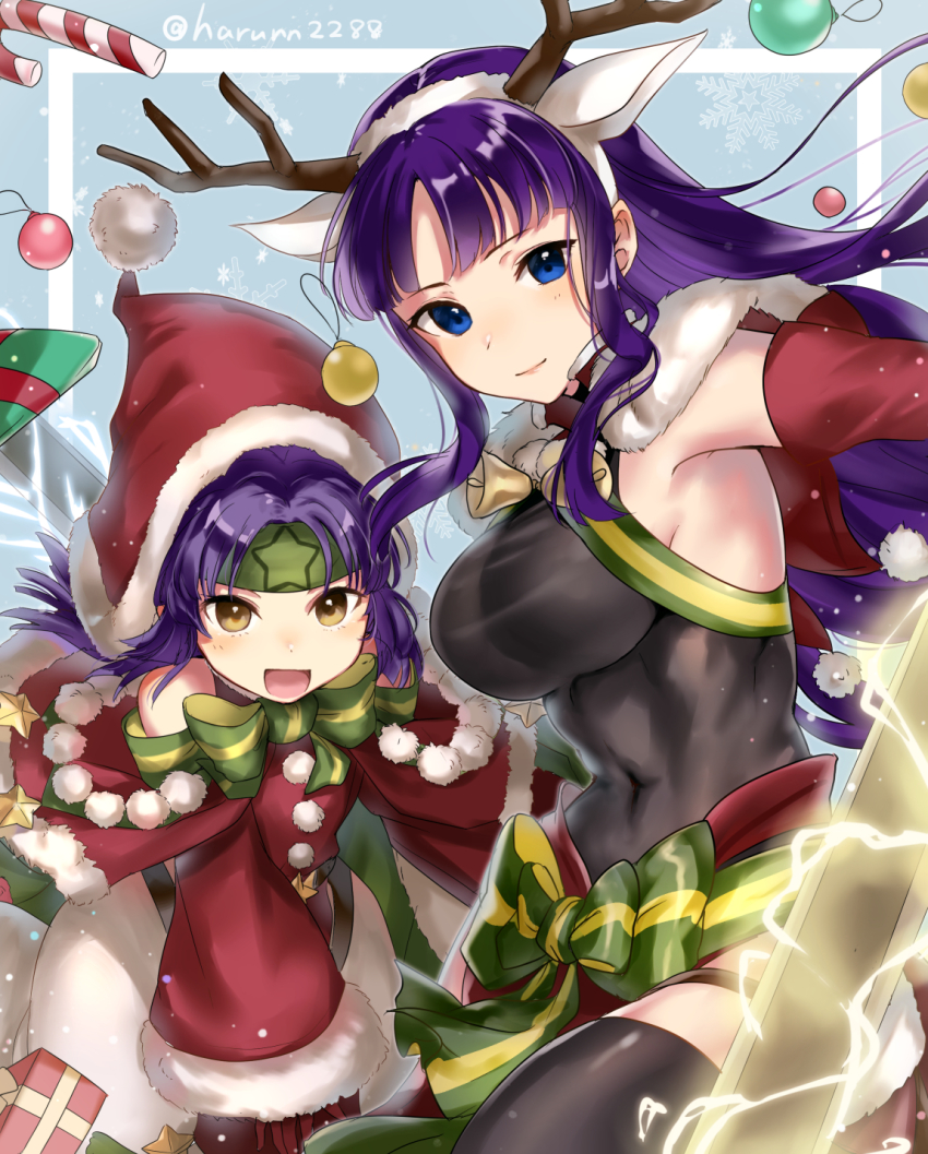 2girls, :d, abs, alondite, altina_(fire_emblem), altina_(winter)_(fire_emblem), animal_ears, antlers