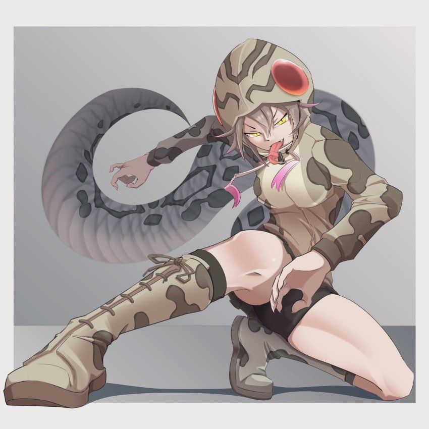 1girl, arm_up, bike_shorts, boots, border, drawstring, evil_smile, fang