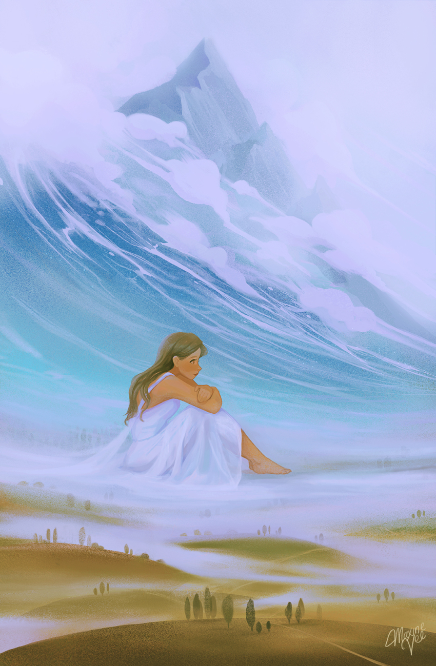 1girl, barefoot, dress, fog, giant, giantess, highres, hill, knees_up, landscape, maxine_vee, mountain, original, profile, signature, sitting, solo, tree, waves, white_dress, wide_shot