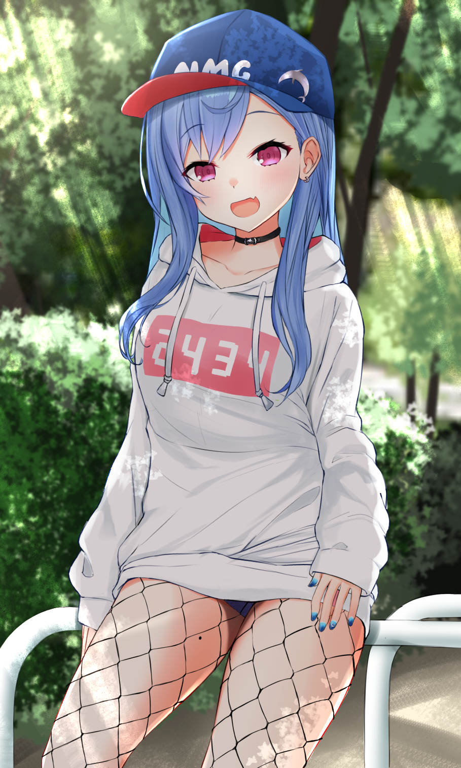 1girl, :d, baseball_cap, black_choker, blue_hair, blue_hat, blue_nails, blue_panties, choker, collarbone, day, dolphin_hat_ornament, drawstring, earrings, ex_idol, fang, fishnet_pantyhose, fishnets, hat, hat_ornament, highres, hood, hood_down, hoodie, jewelry, light_rays, long_hair, long_sleeves, looking_at_viewer, mole, mole_on_thigh, nail_polish, nijisanji, nishizono_chigusa, nishizono_chigusa_(2nd_costume), no_pants, open_mouth, outdoors, panties, pantyhose, pantyshot, pink_eyes, smile, solo, standing, sunbeam, sunlight, thighs, tree, underwear, virtual_youtuber, white_hoodie