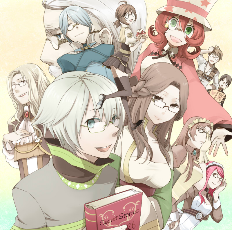 5girls, 6+boys, adjusting_eyewear, ahoge, ascot, benkaistein, blonde_hair, blue_eyes