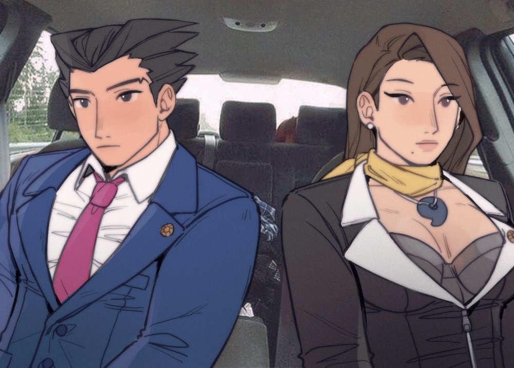 01nu, 1boy, 1girl, ace_attorney, black_hair, blue_jacket, brown_eyes, brown_hair