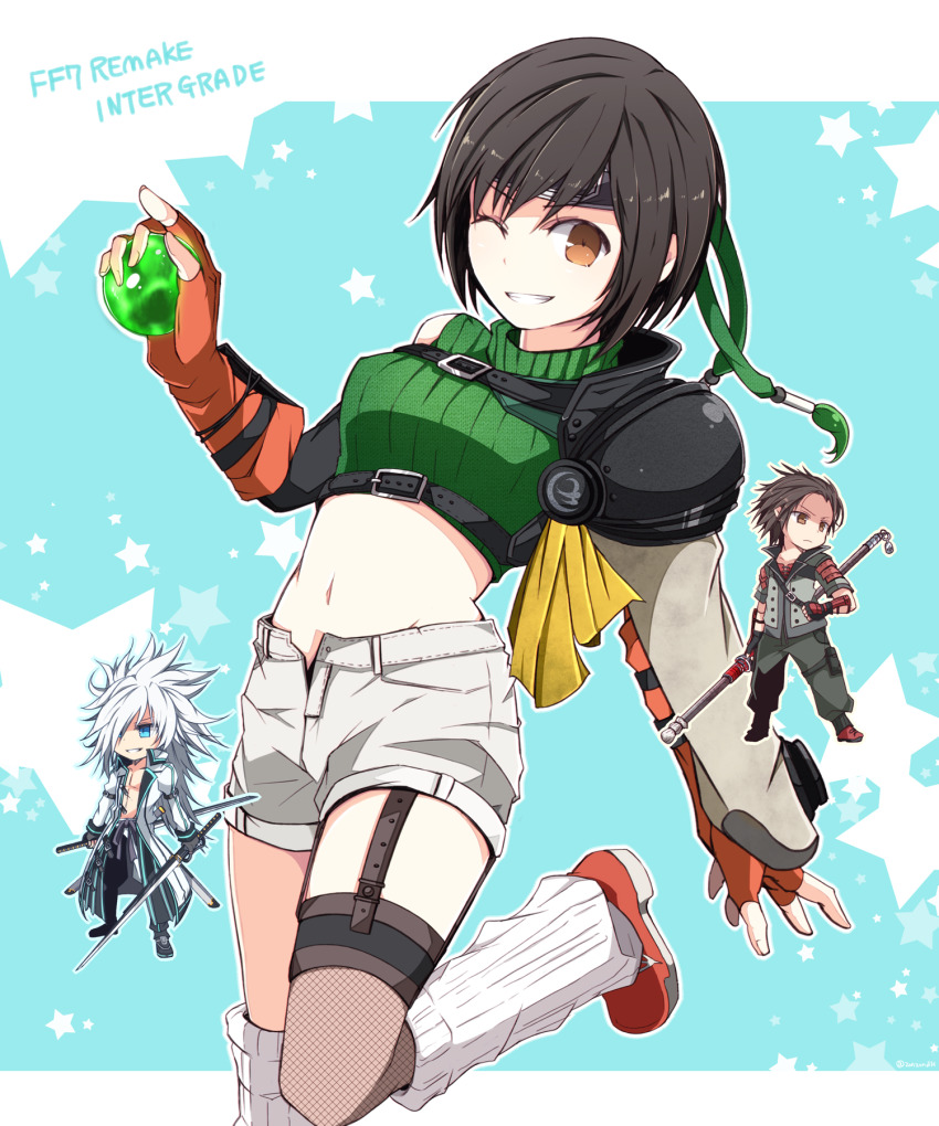 1girl, 2boys, brown_hair, chibi, copyright_name, crop_top, final_fantasy, final_fantasy_vii