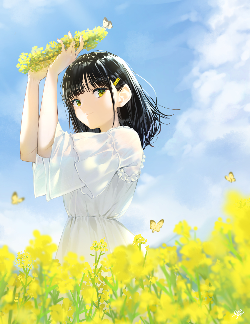 1girl, \||/, absurdres, animal, arms_up, black_hair, blue_sky, bug