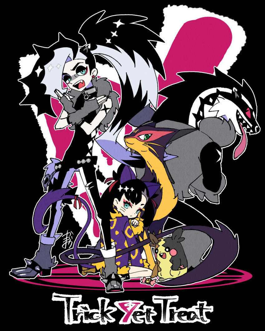 1boy, 1girl, alternate_costume, asymmetrical_bangs, belt, black_hair, brother_and_sister, candy_wrapper, closed_mouth, commentary_request, cosplay, eyelashes, eyeshadow, gen_5_pokemon, gen_8_pokemon, green_eyes, gym_leader, hair_ribbon, highres, kagio_(muinyakurumi), liepard, liepard_(cosplay), long_hair, looking_at_viewer, looking_back, makeup, marnie_(pokemon), morpeko, morpeko_(full), multicolored_hair, nintendo, obstagoon, obstagoon_(cosplay), paw_pose, piers_(pokemon), pokemon, pokemon_sword_and_shield, red_eyeshadow, red_ribbon, ribbon, siblings, sitting, two-tone_hair, white_hair