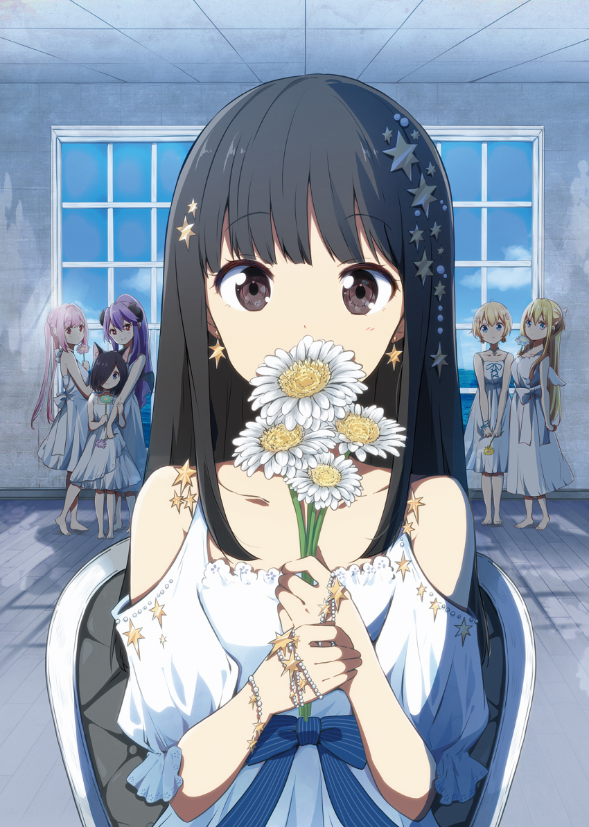 6+girls, amatsuka_poi, animal_ears, bare_shoulders, black_hair, blonde_hair, blue_eyes, brown_eyes