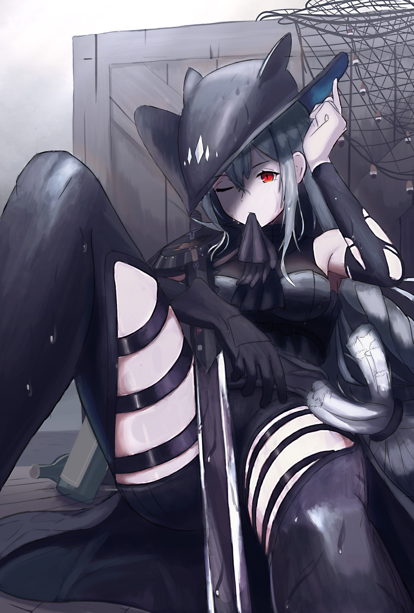 1girl, arknights, ascot, bare_shoulders, black_ascot, black_capelet, black_gloves, black_hat, black_pants, bottle, breasts, brown_footwear, capelet, clothing_cutout, commentary, cowboy_shot, crate, eache, elite_ii_(arknights), fishing_net, gloves, grey_shirt, hair_between_eyes, hat, highres, holding, holding_gloves, holding_sword, holding_unworn_clothes, holding_weapon, hugging_object, knee_up, long_hair, low-tied_long_hair, medium_breasts, middle_finger, mouth_hold, one_eye_closed, pants, red_eyes, shirt, silver_hair, single_glove, sitting, skadi_(arknights), skadi_(elite_ii)_(arknights), sleeveless, sleeveless_shirt, solo, sword, thigh_cutout, thigh_strap, thighs, torn_clothes, unworn_gloves, weapon, wet, wet_clothes, white_background