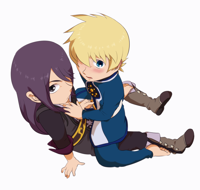 00s, 2boys, black_eyes, black_hair, blonde_hair, blue_eyes, blush, boots, chiyomitaan, flynn_scifo, knee_boots, long_hair, male_focus, multiple_boys, tales_of_(series), tales_of_vesperia, uniform, white_background, yaoi, yuri_lowell