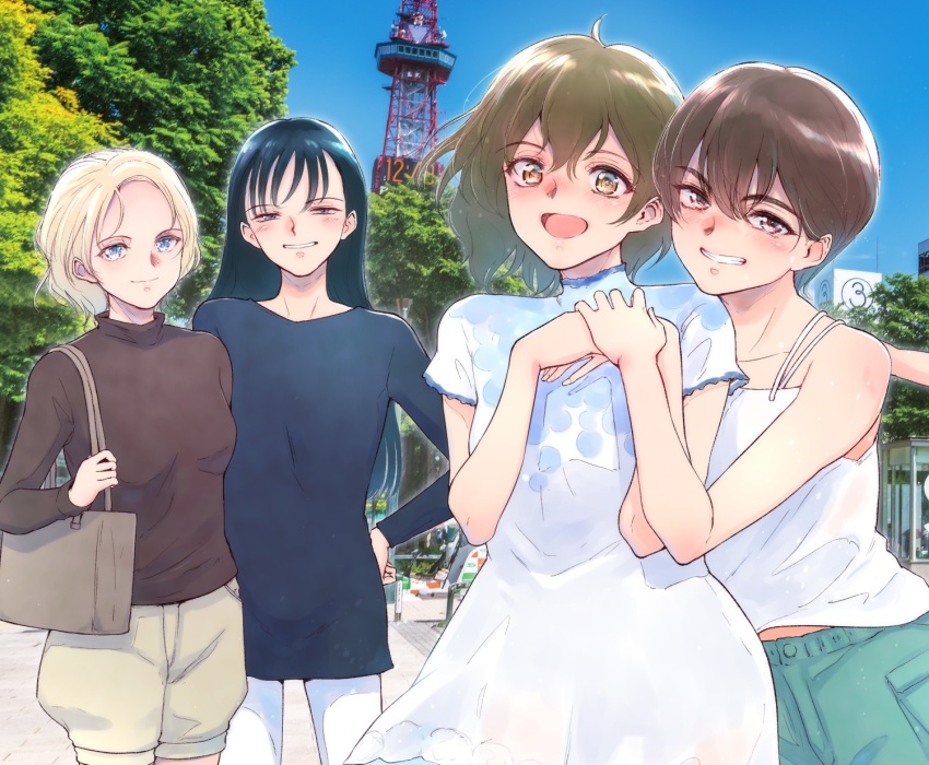 4girls, bag, bifidus, black_hair, black_shirt, blonde_hair, blue_eyes, breasts, brown_eyes, brown_hair, brown_shirt, camisole, commentary_request, dress, grin, half-closed_eyes, handbag, haruno_kotori, highres, kawahara_ayu, kita_e, long_hair, multiple_girls, open_mouth, photo_background, sakyou_hayaka, shirt, short_hair, shorts, small_breasts, smile, tanya_lipinski, tokyo_tower, tree, white_dress