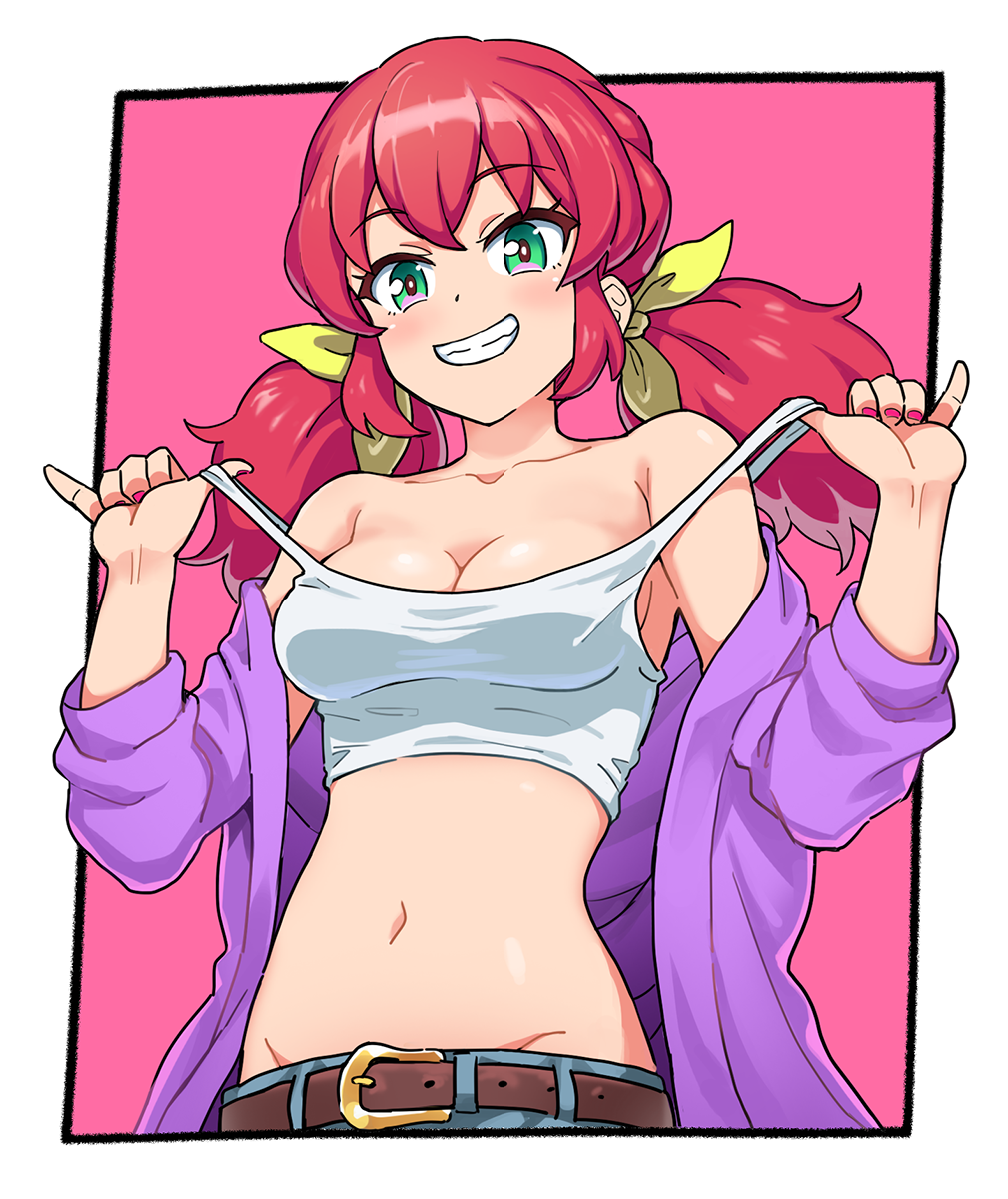 1girl, aikatsu!_(series), aikatsu_friends!, asuka_mirai_(aikatsu_friends!), bare_shoulders, belt, black_border, blouse, blue_pants, border, bow, breasts, brown_belt, cleavage, crop_top, denim, framed, green_eyes, grin, groin, hair_bow, highres, impossible_clothes, jacket, jeans, long_hair, looking_at_viewer, low-tied_long_hair, low_twintails, medium_breasts, midriff, multicolored_eyes, multiple_hair_bows, nail_polish, navel, no_bra, open_clothes, open_jacket, open_mouth, pants, pink_background, pink_eyes, pink_nails, pulling_own_clothes, purple_jacket, red_hair, shiny_skin, shirt, sideboob, simple_background, skin_tight, smile, solo, stomach, strap_pull, teeth, twintails, upper_body, white_border, white_shirt, yellow_bow, yoban