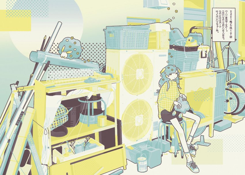 1girl, aqua_hair, basket, bicycle, black_shorts, branch, cinder_block, highres