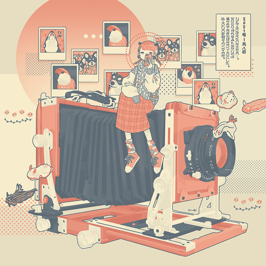 1girl, bird, braid, camera, dog, holding, holding_phone, long_sleeves, omura06, orange_hair, orange_shoes, orange_skirt, orange_theme, original, phone, plaid_clothes, plaid_skirt, print_socks, sea_slug, shoes, sitting, skirt, sleeves_past_fingers, sleeves_past_wrists, socks, solo, sweater, twin_braids, unmoving_pattern, wide_shot