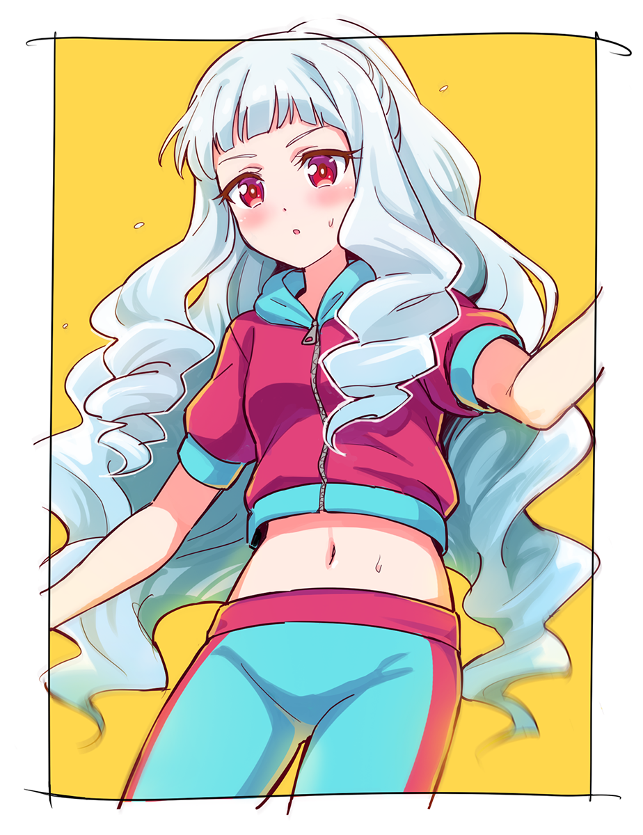 1girl, :o, aikatsu!_(series), aikatsu_stars!, aqua_jacket, aqua_pants, black_border, blunt_bangs, blush, border, cowboy_shot, crop_top, cropped_jacket, dancing, drill_hair, drill_sidelocks, framed, highres, hood, hooded_jacket, hooded_track_jacket, jacket, long_hair, midriff, multicolored_eyes, multicolored_jacket, navel, open_mouth, outside_border, pants, purple_eyes, red_eyes, red_jacket, red_pants, shirogane_lily, short_sleeves, sidelocks, simple_background, solo, stomach, sweat, track_jacket, track_suit, training, very_long_hair, white_border, white_hair, yellow_background, yoban, zipper, zipper_pull_tab