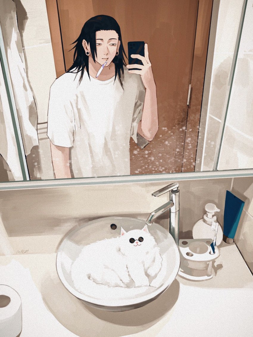 1boy, :3, animal, animalization, anna_(anta_baka00), bathroom, black_hair, cat