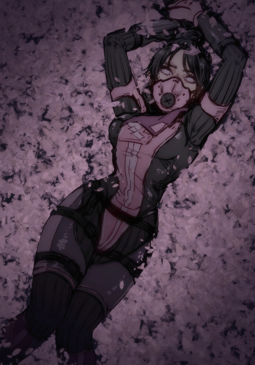 1girl, 7ppiya_(napami), animification, apex_legends, arms_up, black_hair, blue_eyes, bodysuit